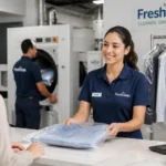 Adult dry-cleaning counter and plant staff in branded workwear uniforms