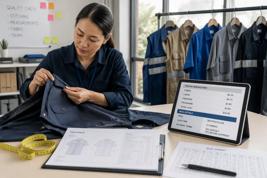 Library procurement team reviewing uniform fabric swatches, logo artwork and size set samples
