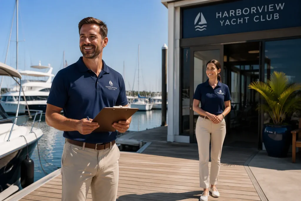 Adult marina and yacht club staff in branded workwear uniforms