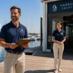 Adult marina and yacht club staff in branded workwear uniforms