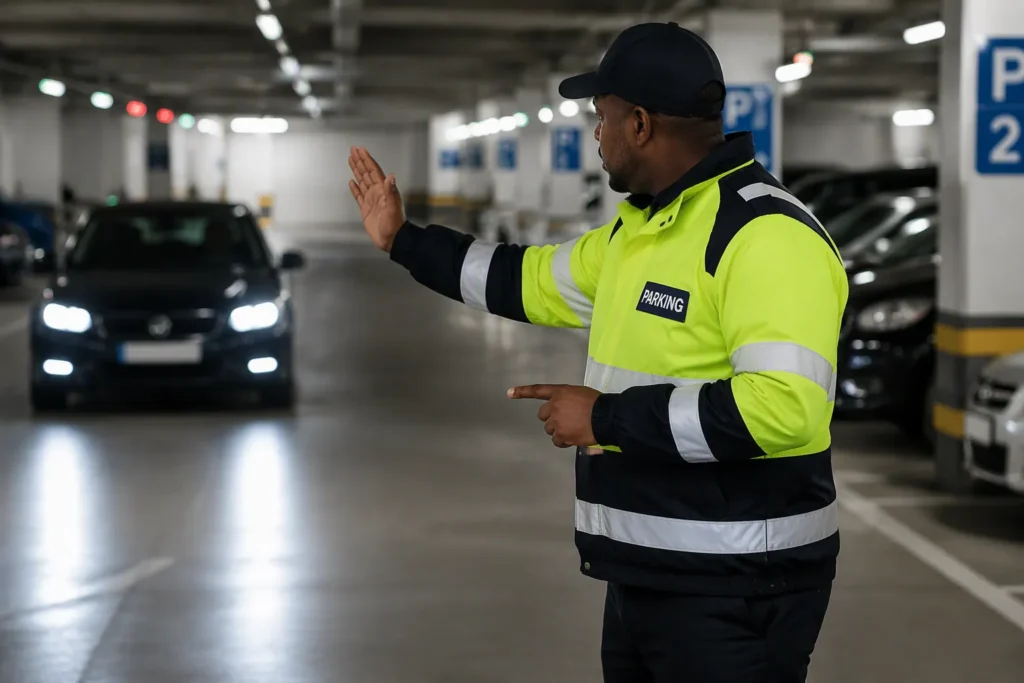 Adult parking attendant directing vehicles in a high-visibility safety uniform inside a garage