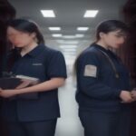 Adult bookstore retail staff in coordinated navy uniforms standing in a modern bookstore