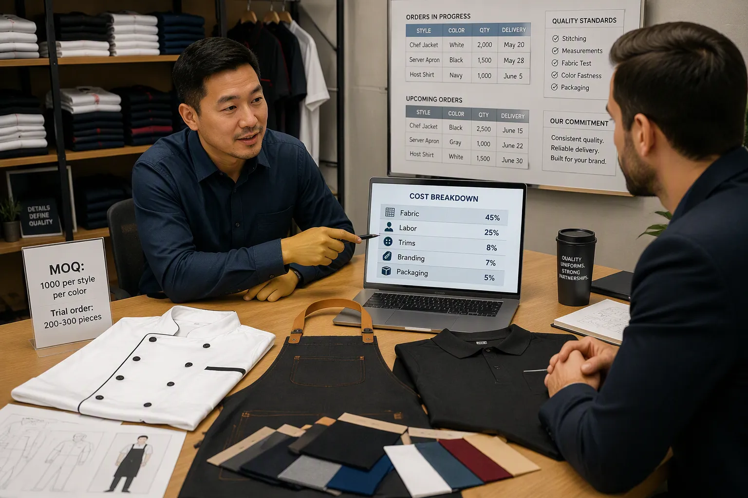 Adult corporate apparel procurement staff reviewing uniform samples, fabric swatches, and a tech pack in a workwear office