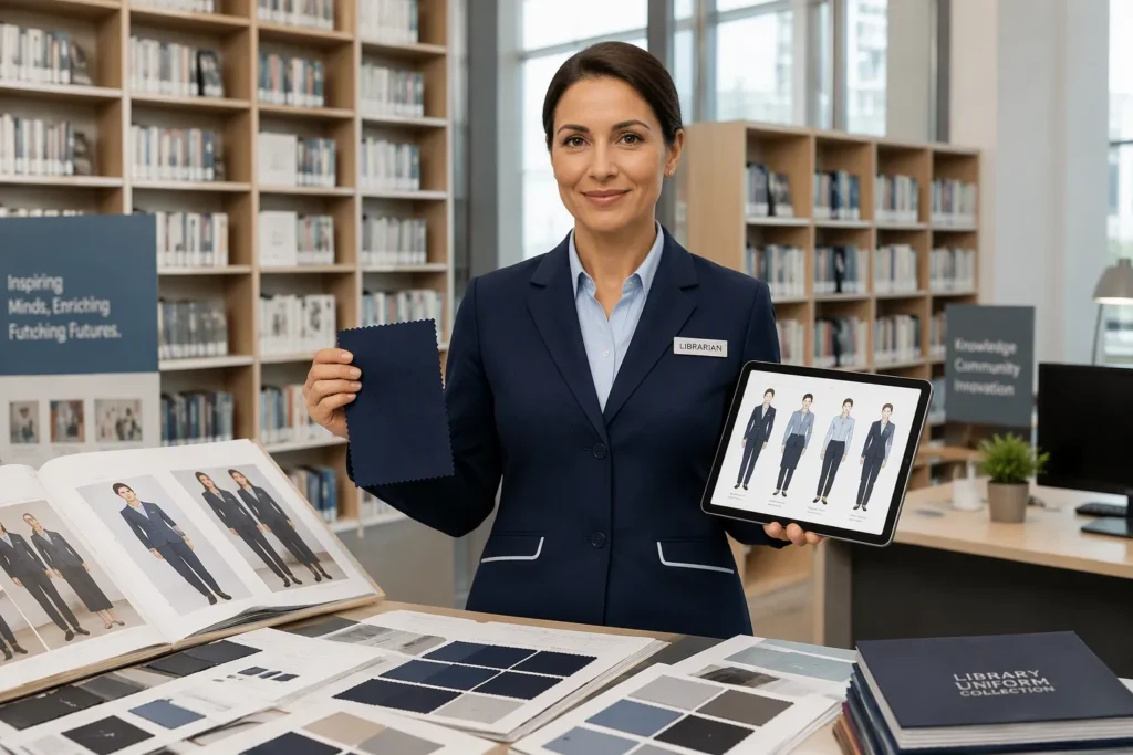 Adult library front-desk and circulation staff in coordinated professional uniforms OEM China