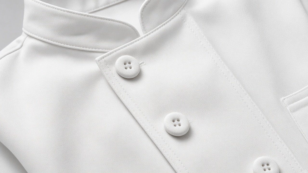 Detail of custom embroidered chef coat collar and buttons