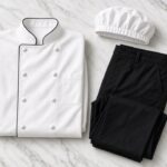 Custom white chef jacket black pants and skull cap uniform set