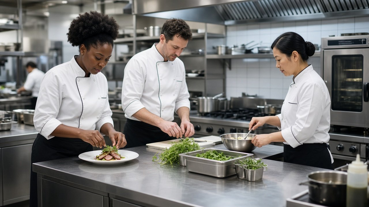 Chef and kitchen staff wearing custom OEM uniforms in commercial kitchen