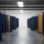 Industrial navy and royal blue coveralls hung in a garment factory finishing area
