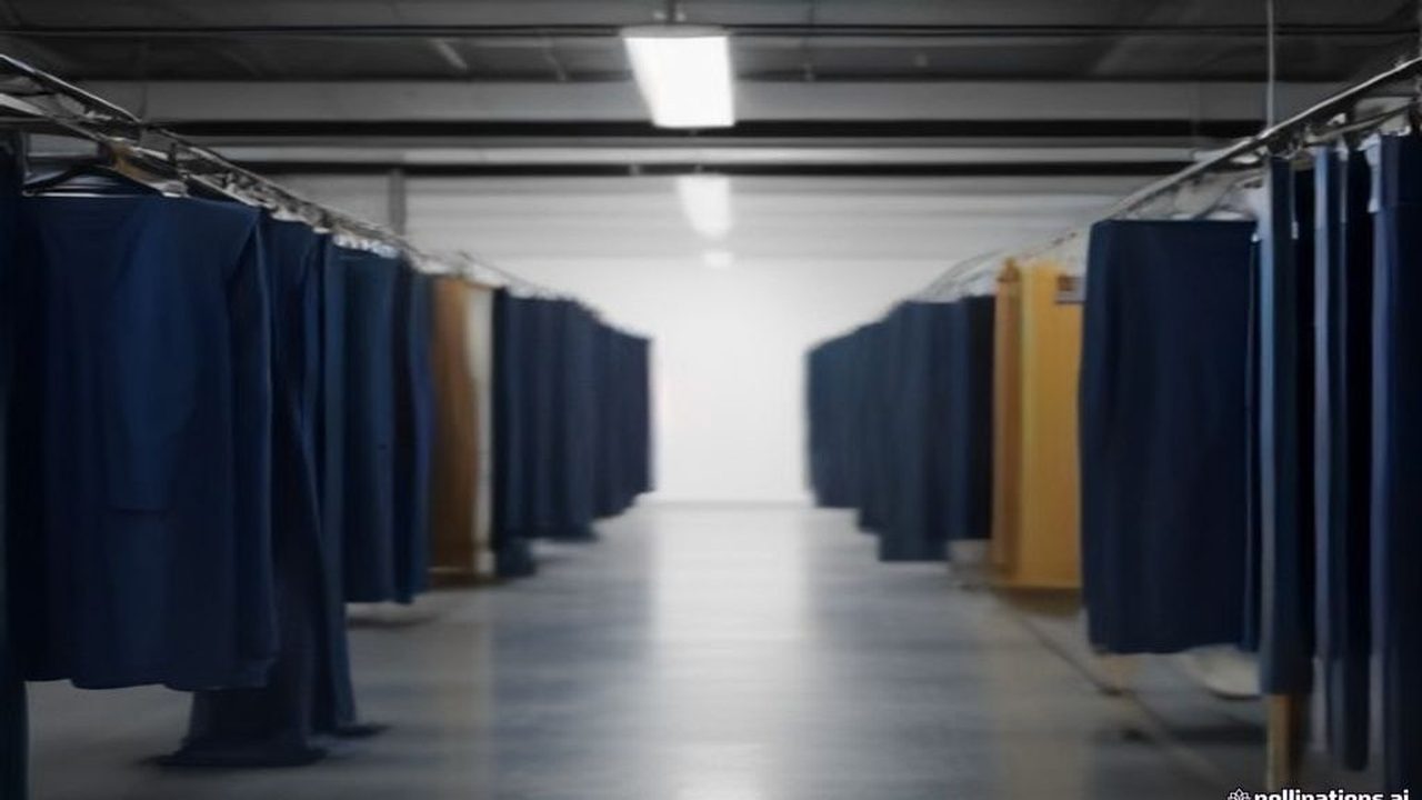 Industrial navy and royal blue coveralls hung in a garment factory finishing area