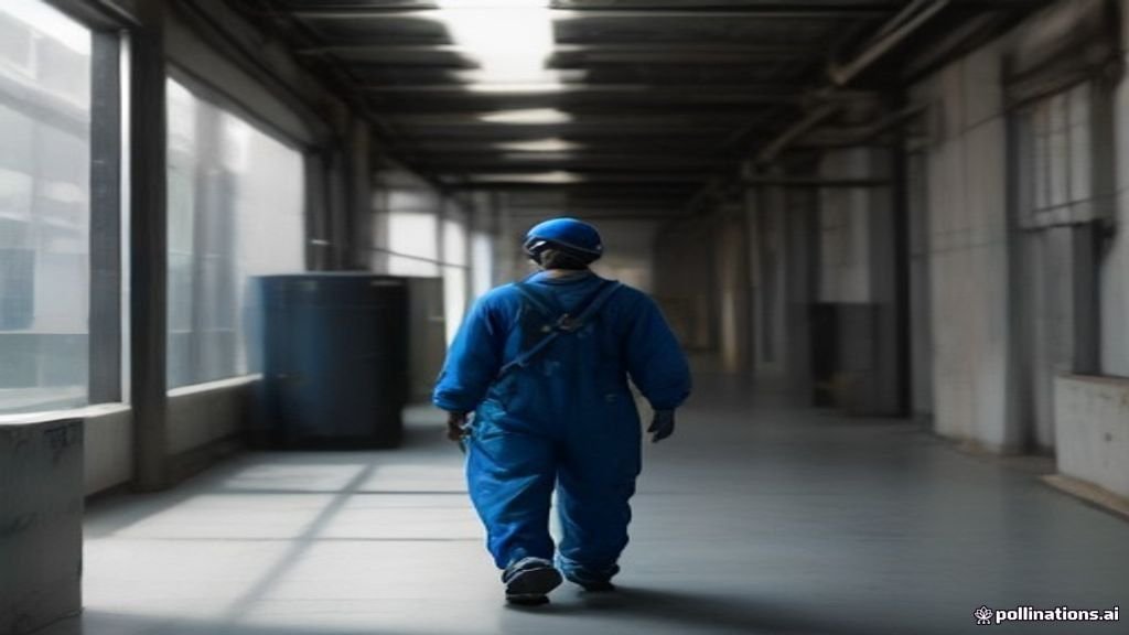 Maintenance worker in a blue industrial coverall walking a clean factory aisle
