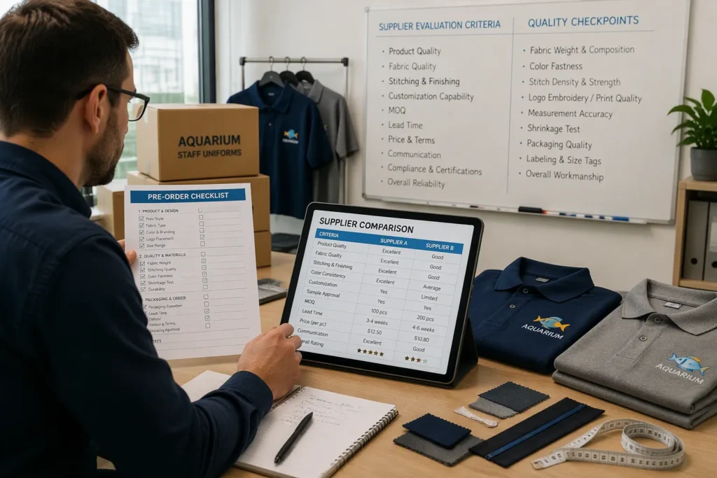 Adult aquarium uniform buyer reviewing supplier comparison and quality checklist