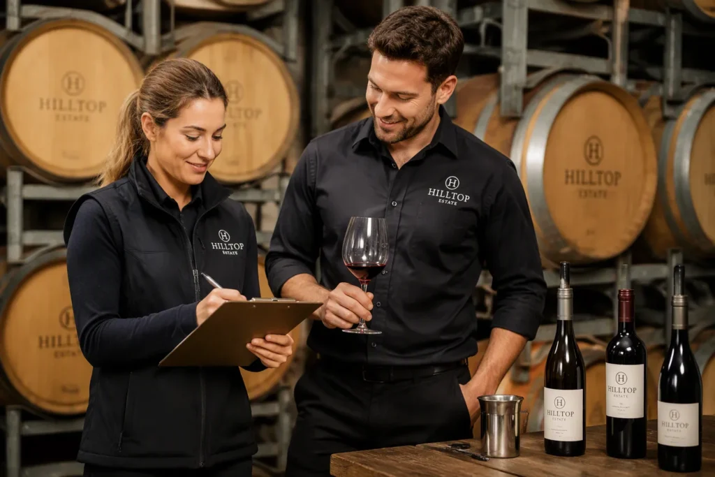 Adult winery tasting-room and cellar staff in branded workwear uniforms