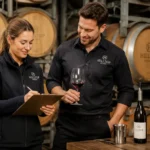 Adult winery tasting-room and cellar staff in branded workwear uniforms