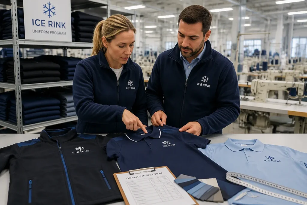 Adult arena staff in branded polos and caps at a skate hire desk assisting guests
