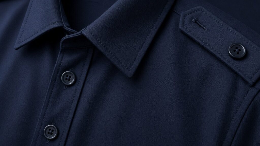 Close-up of durable navy workwear fabric and reinforced pocket for adult car wash detail staff