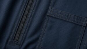 Close-up of flame-retardant workwear zipper, patch pocket, and reinforced stitching on durable navy FR fabric