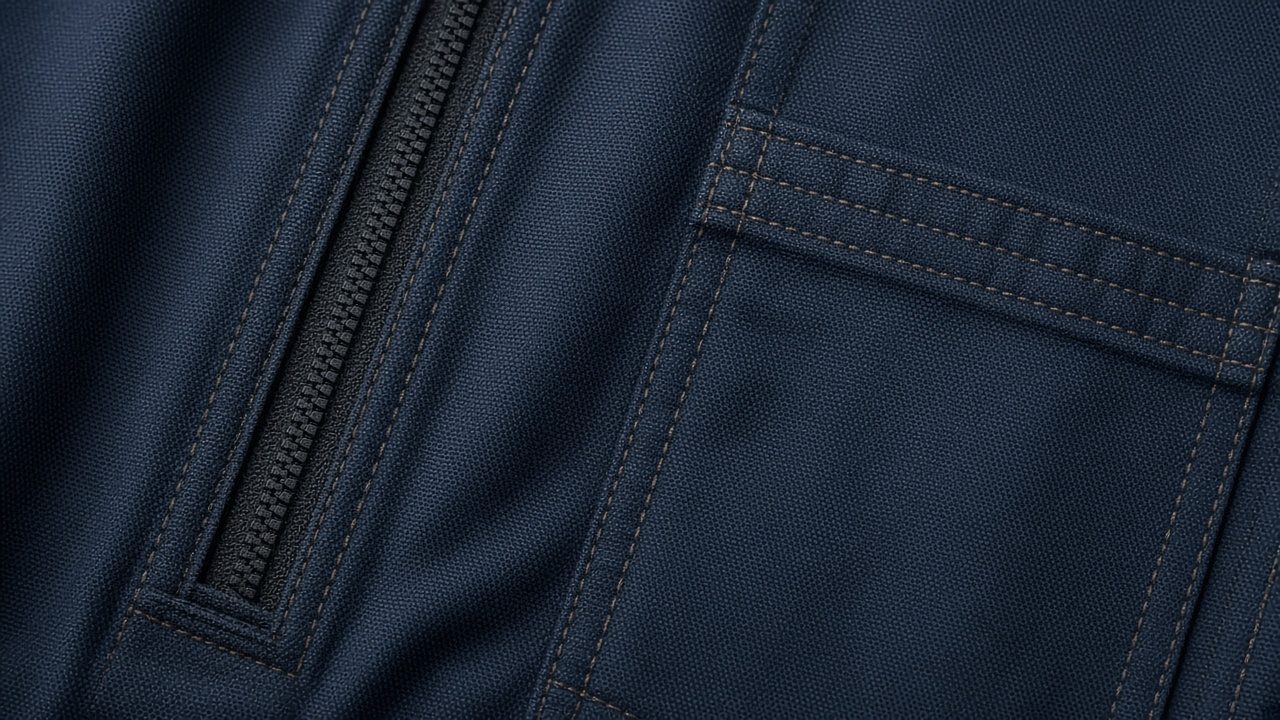 Close-up of flame-retardant workwear zipper, patch pocket, and reinforced stitching on durable navy FR fabric
