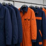 Navy and high-visibility orange flame-retardant industrial coveralls hanging on a factory finishing rack