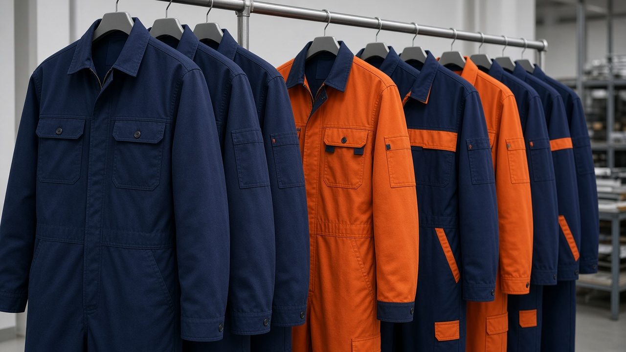 Navy and high-visibility orange flame-retardant industrial coveralls hanging on a factory finishing rack