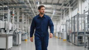 Maintenance technician wearing a navy flame-retardant coverall walking a clean factory aisle