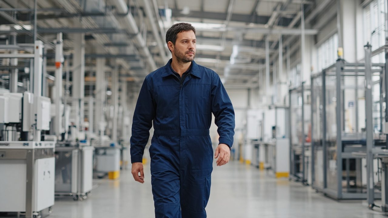 Maintenance technician wearing a navy flame-retardant coverall walking a clean factory aisle
