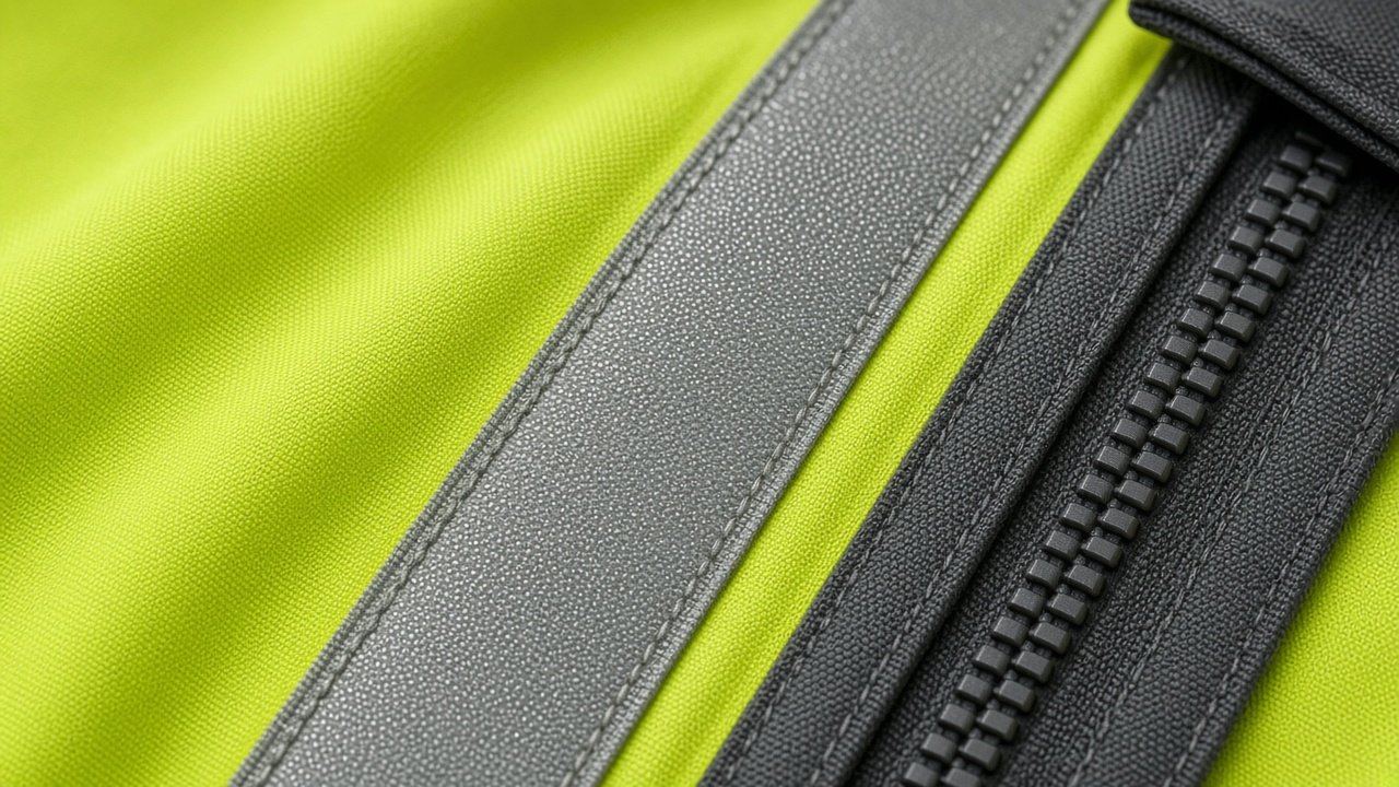 Close-up of reflective tape and fluorescent fabric on OEM hi-vis jacket