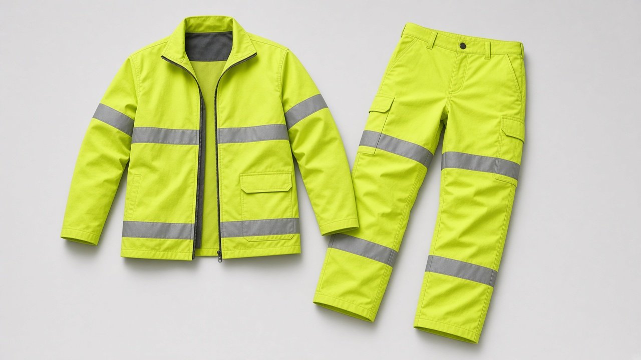 High-visibility reflective workwear OEM jackets and vests on factory rack