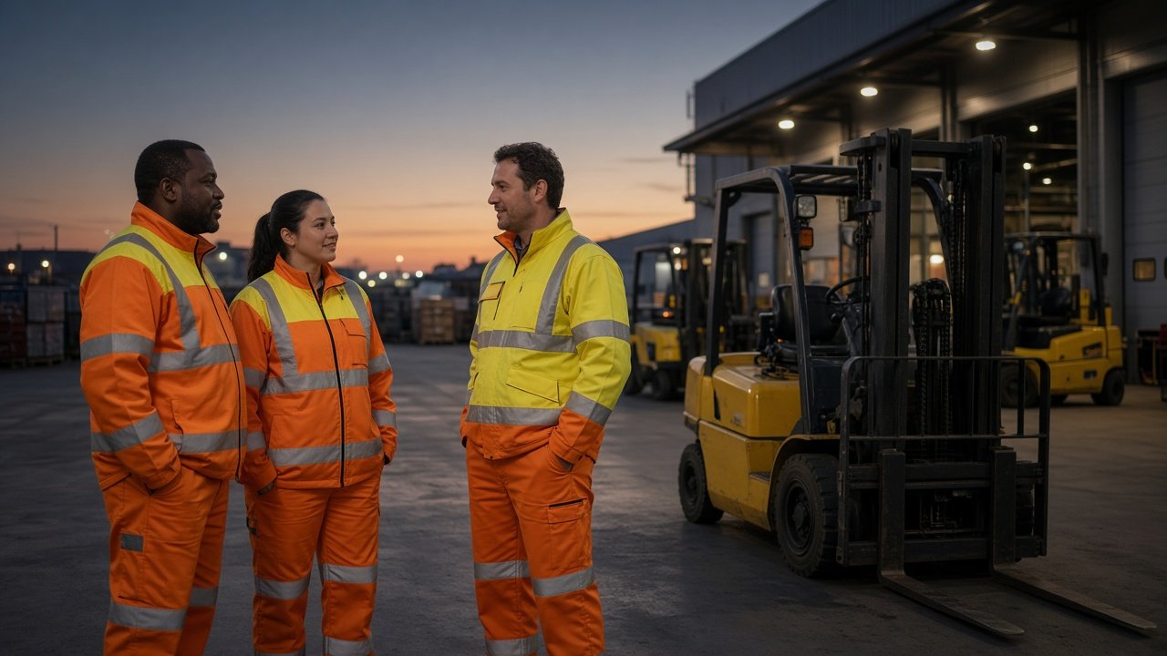 Workers wearing custom hi-vis reflective jackets and trousers in outdoor yard