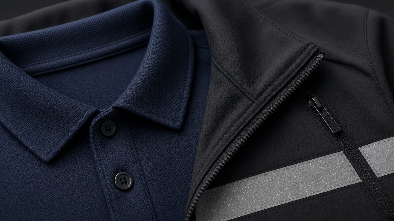 Close-up of navy courier polo collar and softshell jacket zipper
