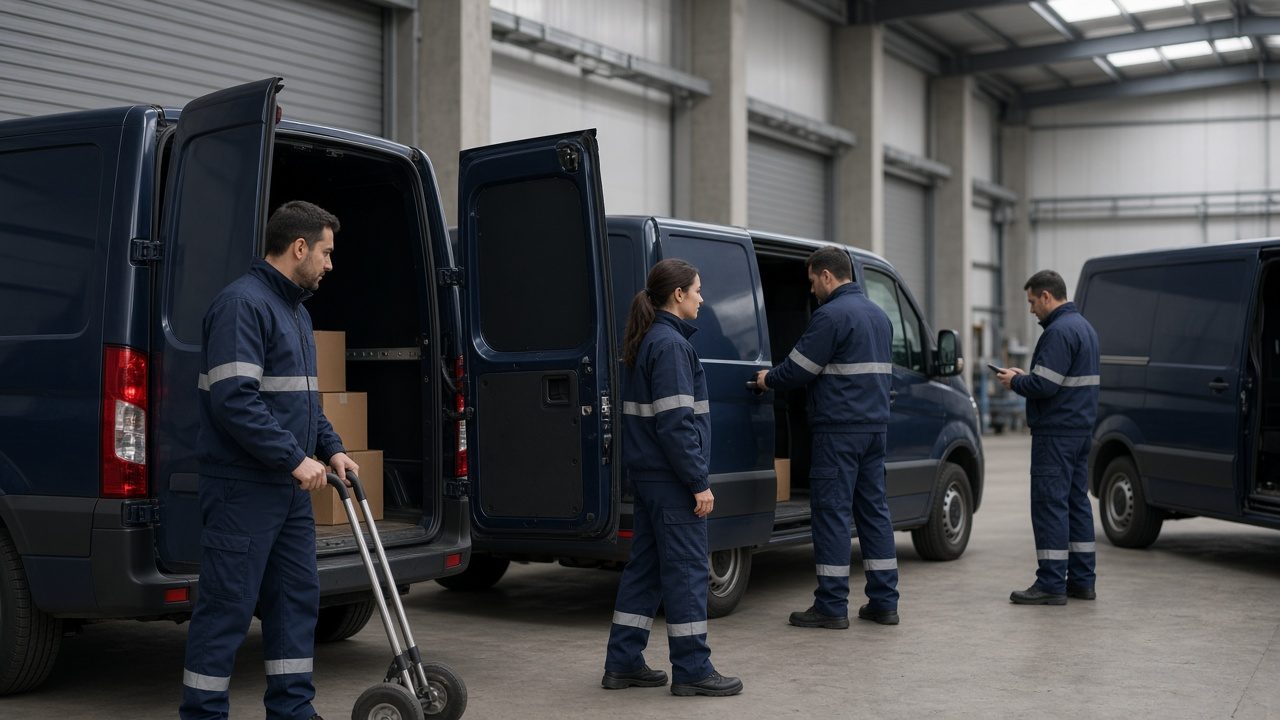 Delivery courier team in matching navy logistics uniforms loading vans