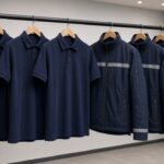 Navy logistics courier polos and softshell jackets with reflective accents displayed on hangers in a showroom