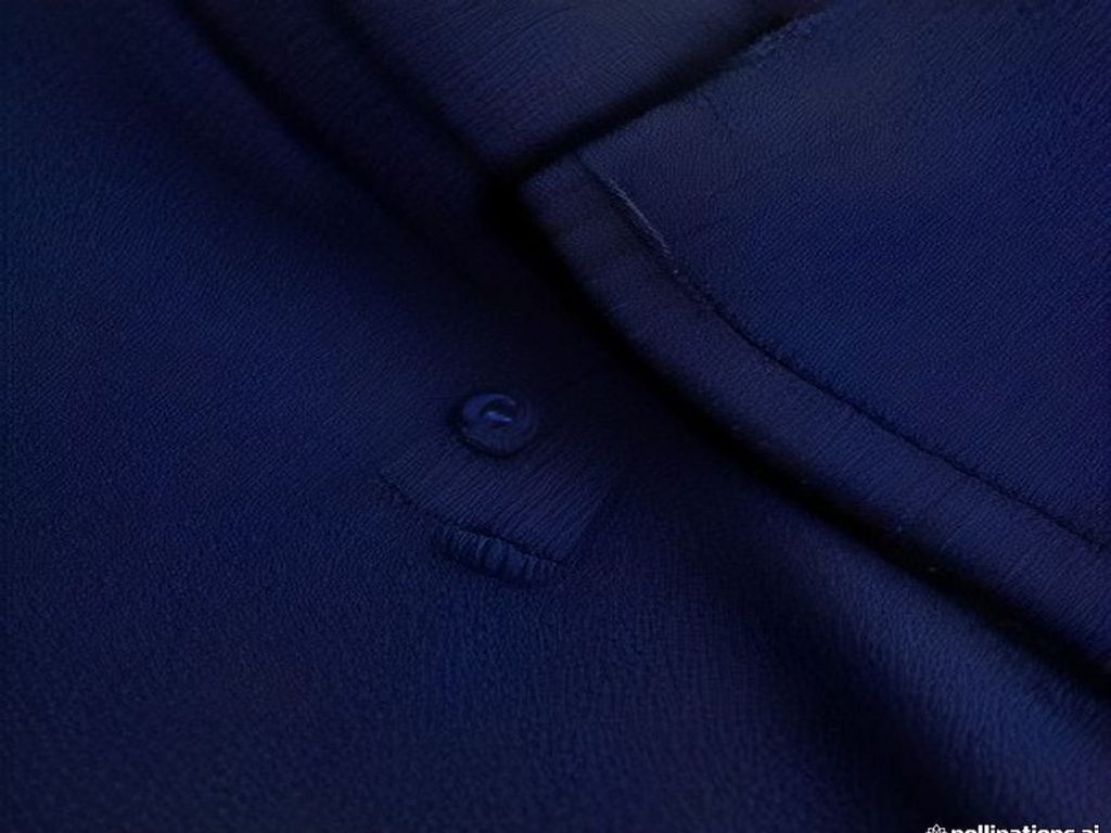 Close-up of polo collar, placket buttons, and embroidered logo area on navy fabric