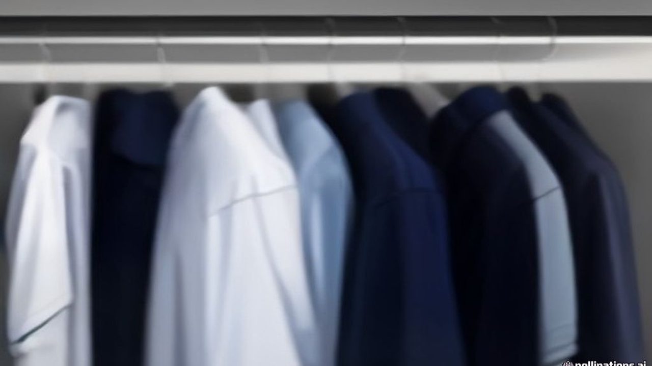 Corporate navy polo shirts with subtle chest embroidery on hangers in a clean factory showroom