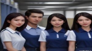 Adult office team members wearing coordinated polo uniforms in a professional workplace.