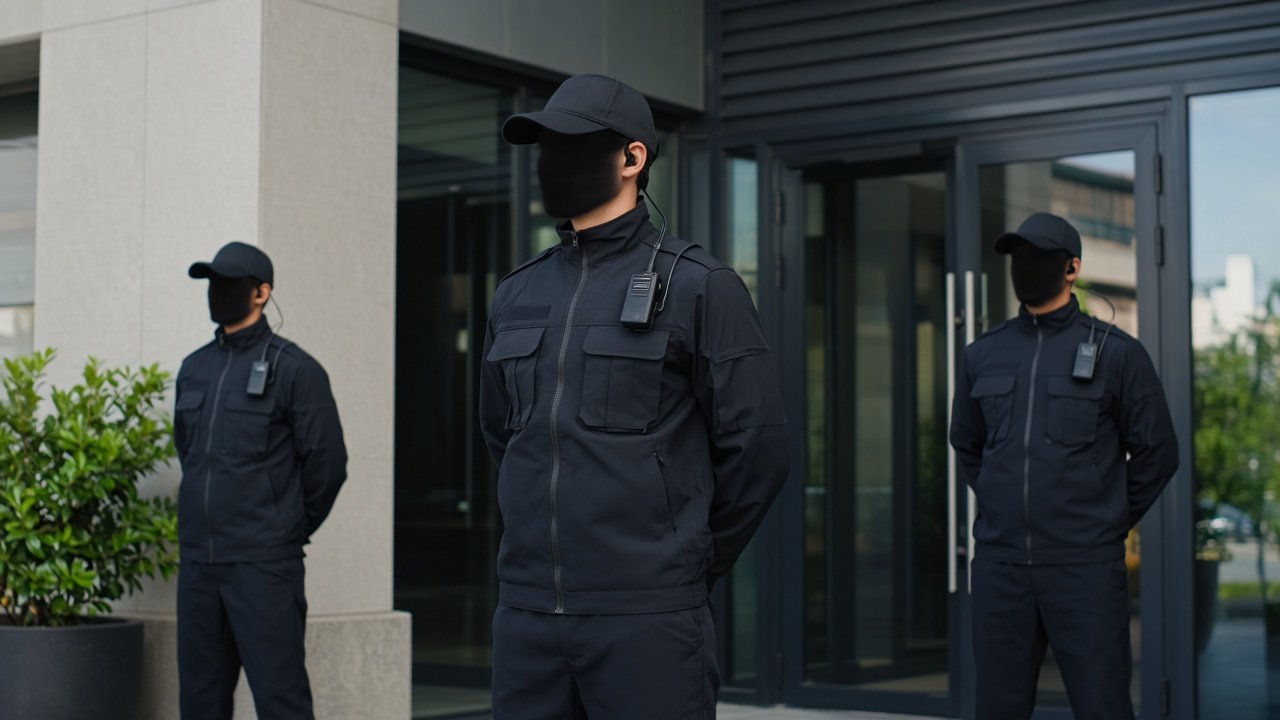 Security officers in custom OEM guard uniforms on commercial site