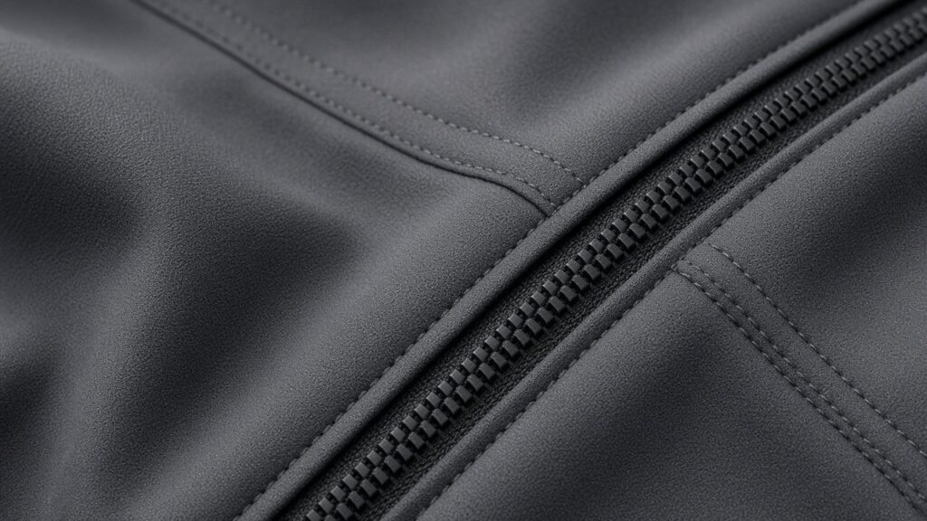 Softshell jacket fabric zipper and bonded seam detail for OEM workwear