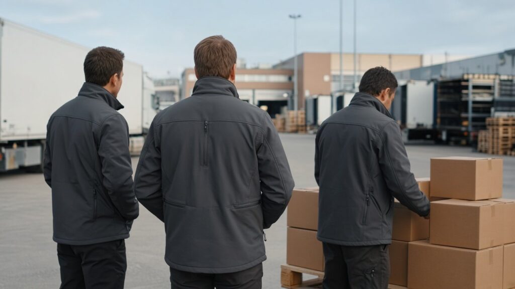 Corporate logistics team wearing matching softshell work jackets